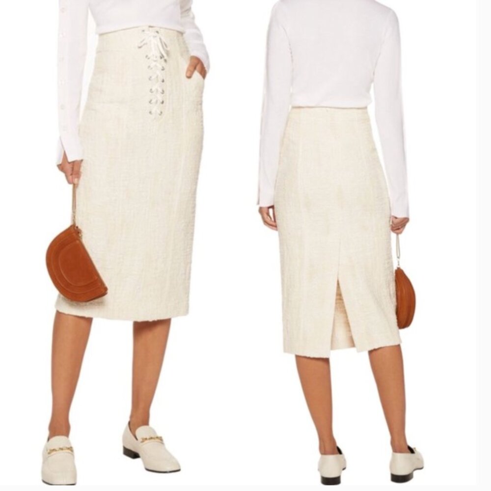 A.L.C. Liya Lace-Up Tweed Pencil Skirt White Cream Midi Preppy Pockets